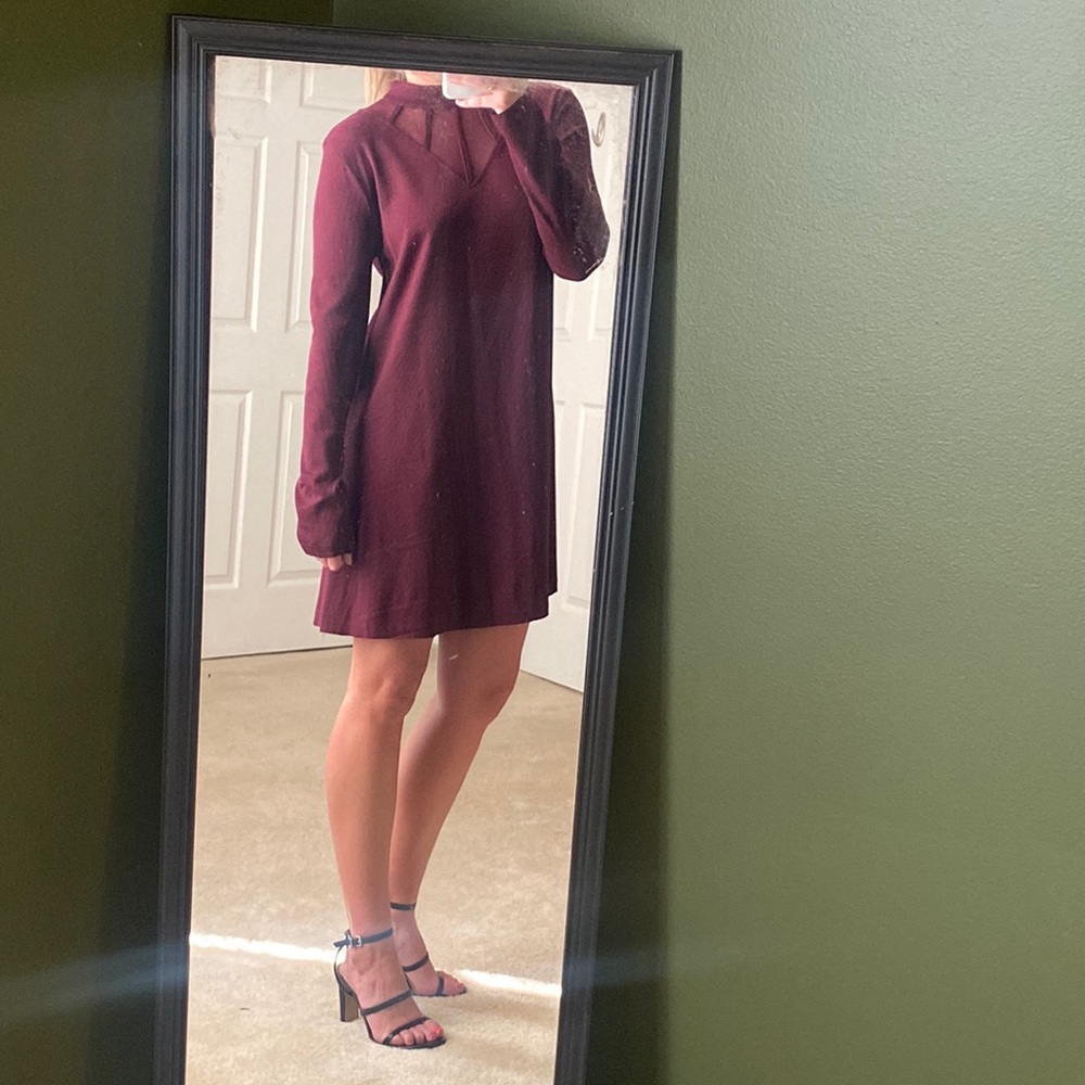 Long sleeve wine colored sweater dress with mesh